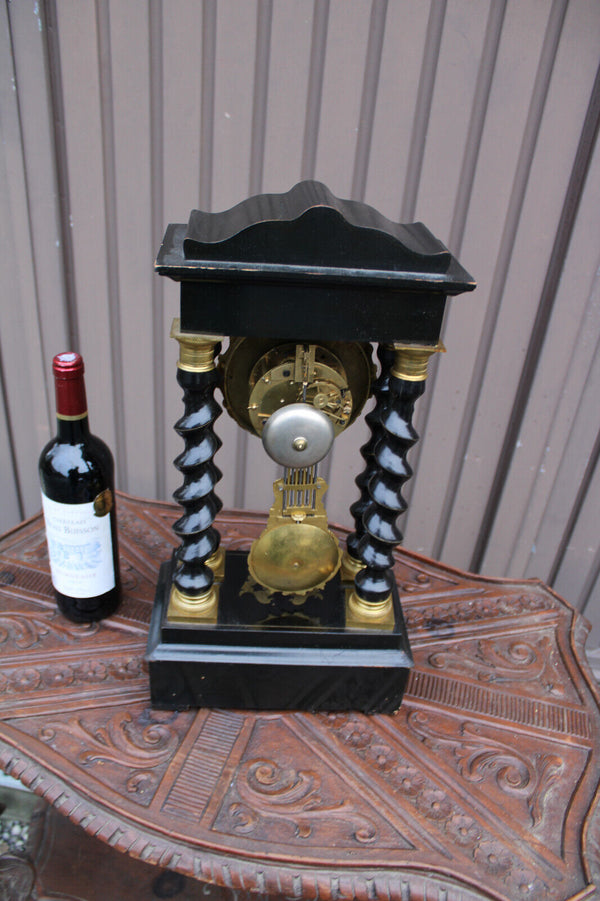 Antique napoleon III wood column mantel clock enamel inlay