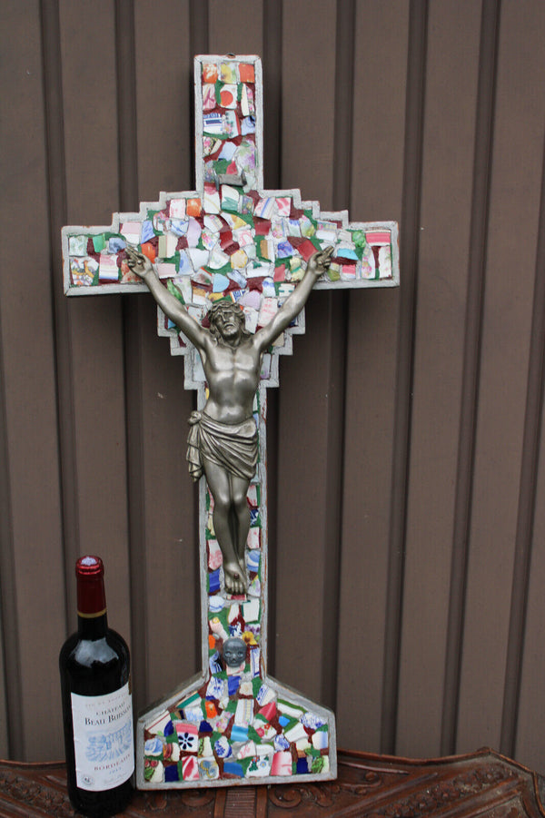 Antique LARGE mosaic crucifix cross wood rare relgious