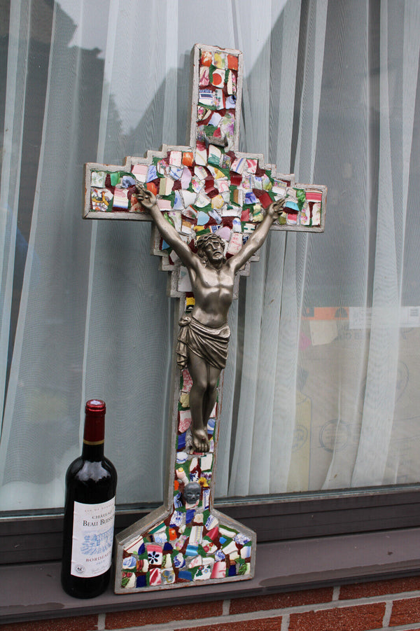 Antique LARGE mosaic crucifix cross wood rare relgious