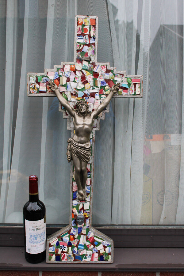 Antique LARGE mosaic crucifix cross wood rare relgious