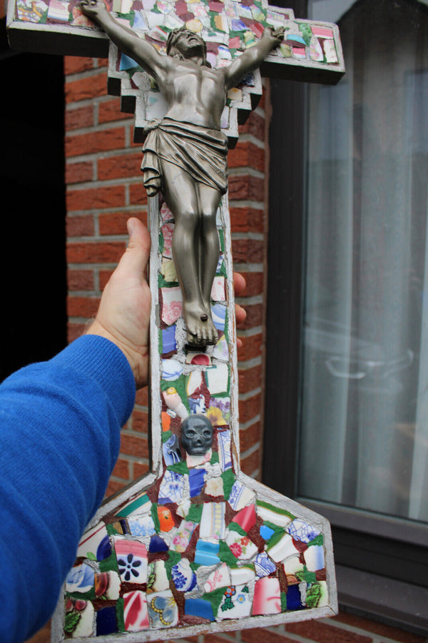 Antique LARGE mosaic crucifix cross wood rare relgious