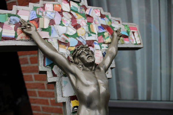 Antique LARGE mosaic crucifix cross wood rare relgious