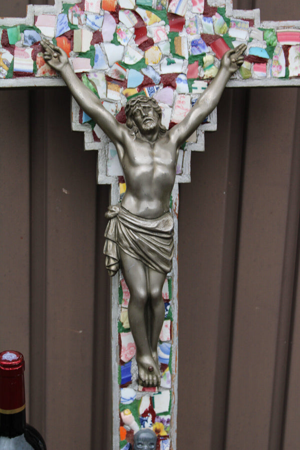 Antique LARGE mosaic crucifix cross wood rare relgious
