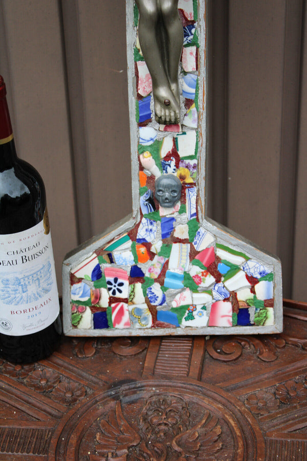 Antique LARGE mosaic crucifix cross wood rare relgious