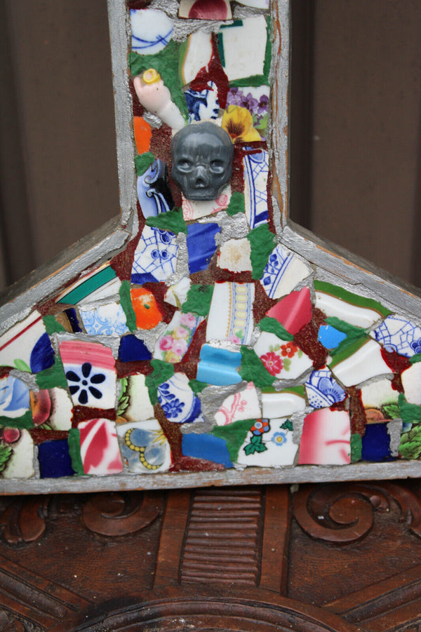 Antique LARGE mosaic crucifix cross wood rare relgious