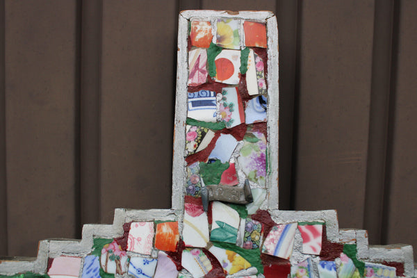 Antique LARGE mosaic crucifix cross wood rare relgious