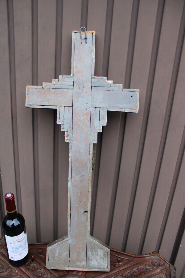 Antique LARGE mosaic crucifix cross wood rare relgious