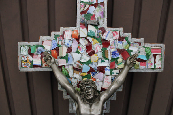 Antique LARGE mosaic crucifix cross wood rare relgious