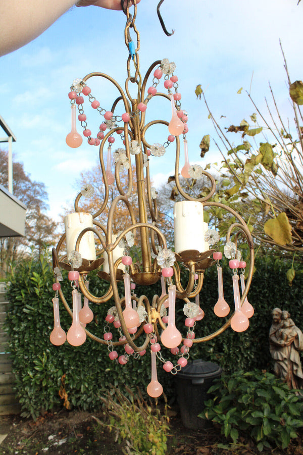 French vintage pink murano glass drop chandelier rare 1960