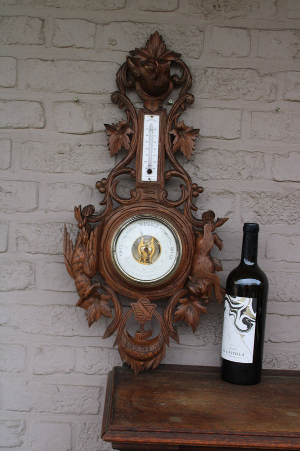 Antique wood carved hunting trophy wall barometer dog