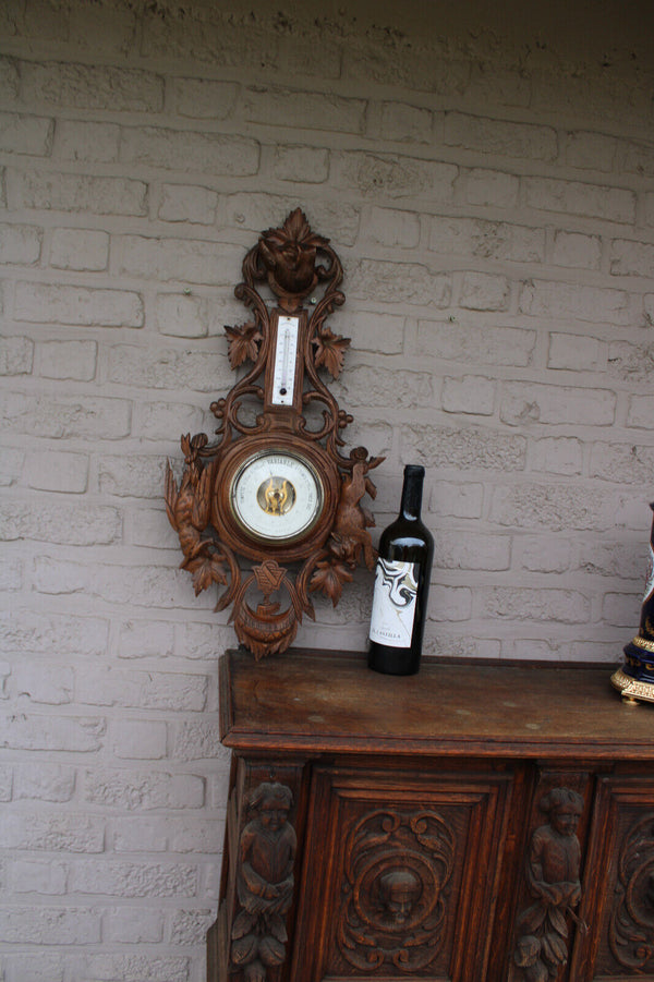 Antique wood carved hunting trophy wall barometer dog