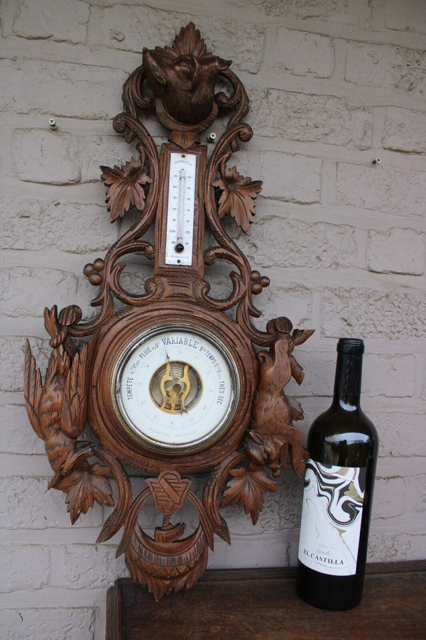 Antique wood carved hunting trophy wall barometer dog