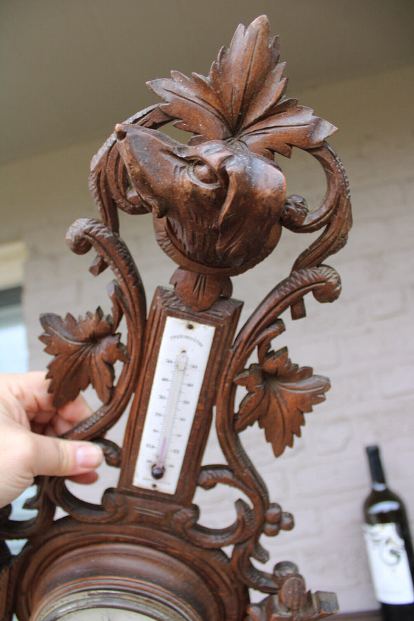 Antique wood carved hunting trophy wall barometer dog