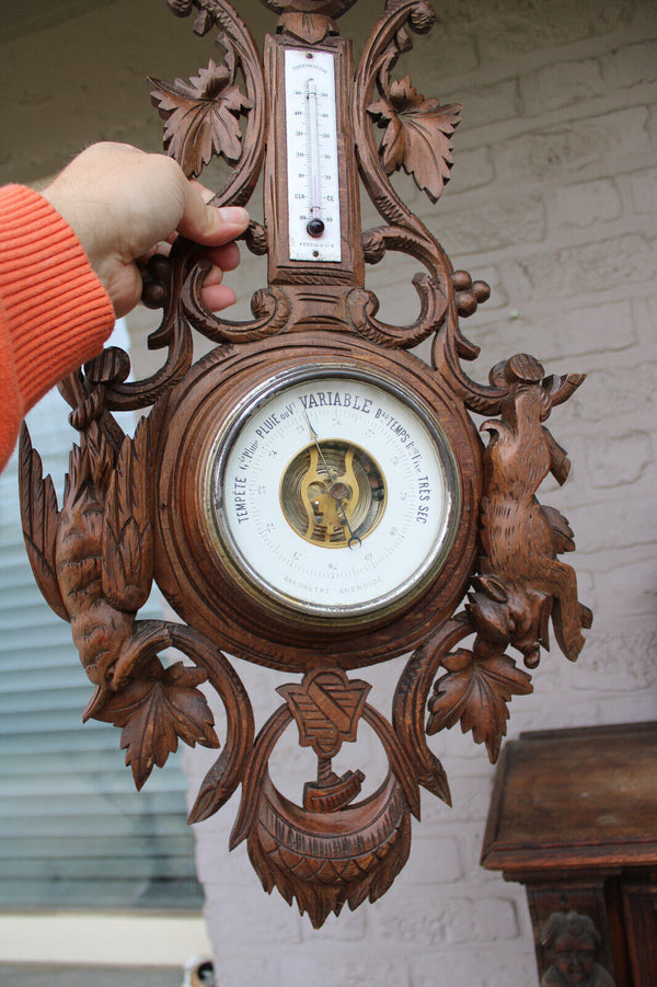 Antique wood carved hunting trophy wall barometer dog