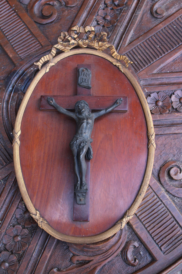 Antique bronze wood wall plaque crucifix louis XVI decor religious