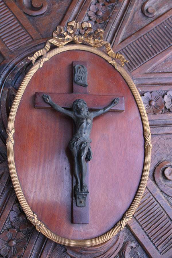 Antique bronze wood wall plaque crucifix louis XVI decor religious