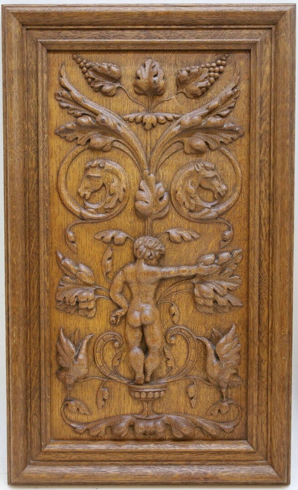 PAIR antique wood carved panels plaques putti cherub horse bird satyr rare