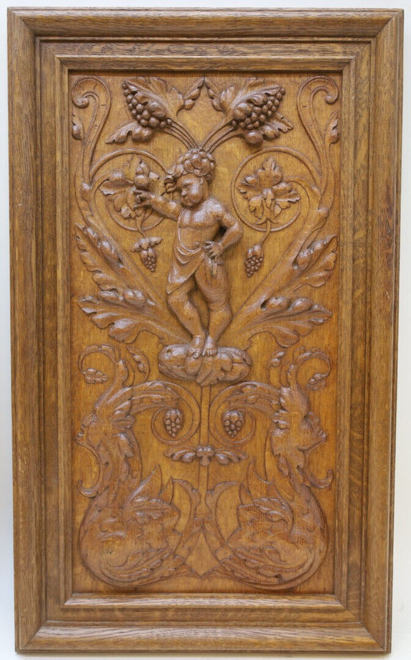 PAIR antique wood carved panels plaques putti cherub horse bird satyr rare