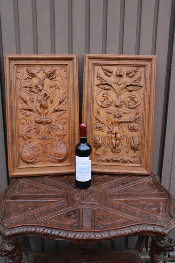 PAIR antique wood carved panels plaques putti cherub horse bird satyr rare