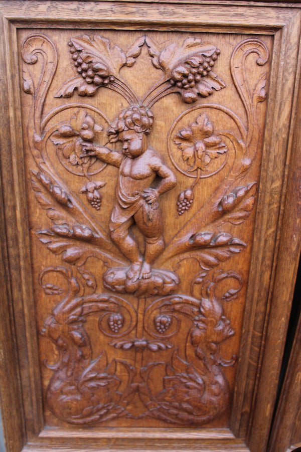 PAIR antique wood carved panels plaques putti cherub horse bird satyr rare