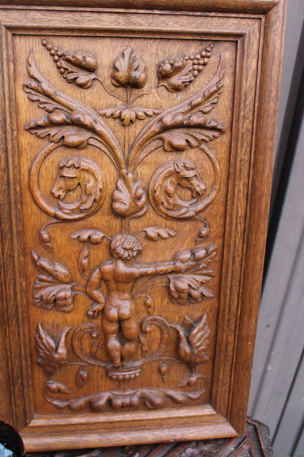 PAIR antique wood carved panels plaques putti cherub horse bird satyr rare