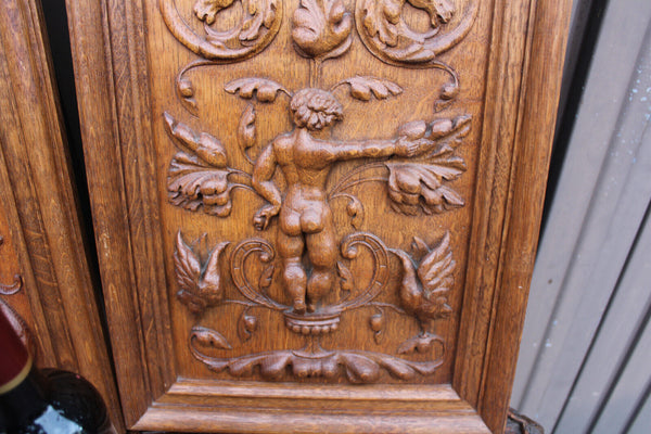 PAIR antique wood carved panels plaques putti cherub horse bird satyr rare