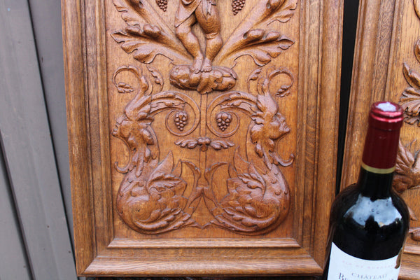 PAIR antique wood carved panels plaques putti cherub horse bird satyr rare