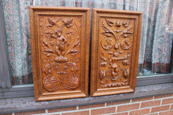 PAIR antique wood carved panels plaques putti cherub horse bird satyr rare
