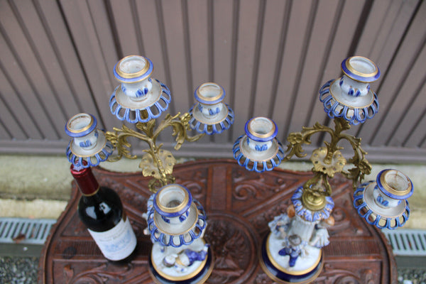 PAIR antique German porcelain candelabras children figural playing decor rare