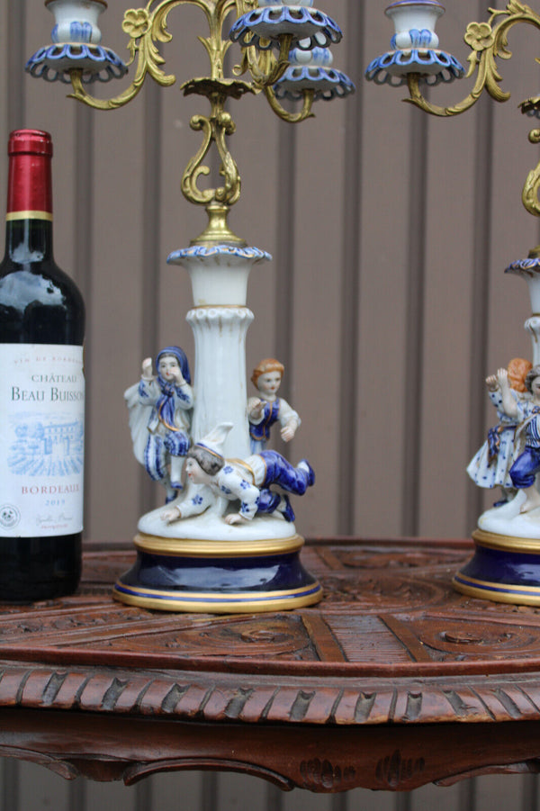 PAIR antique German porcelain candelabras children figural playing decor rare