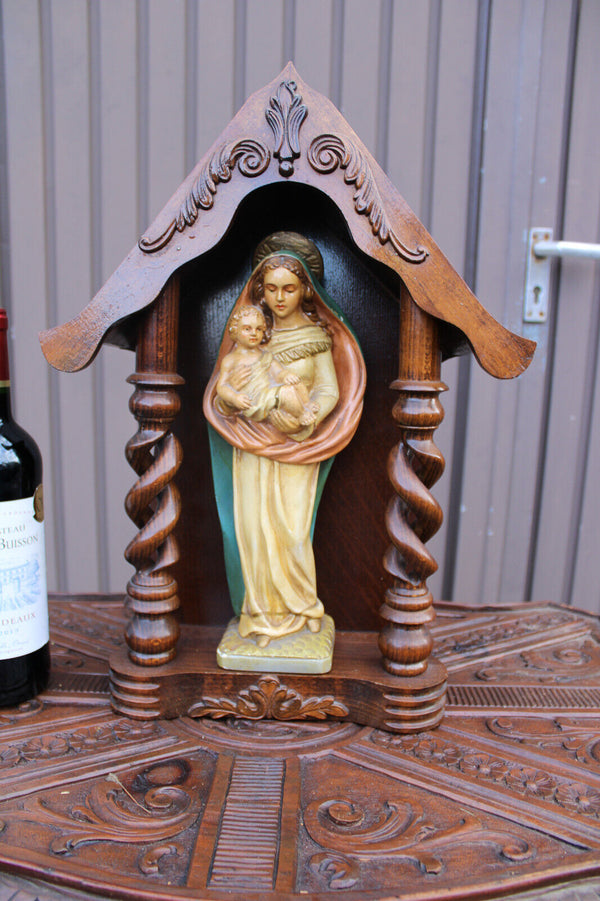 Antique Wood carved chapel ceramic madonna figurine statue signed guelfi