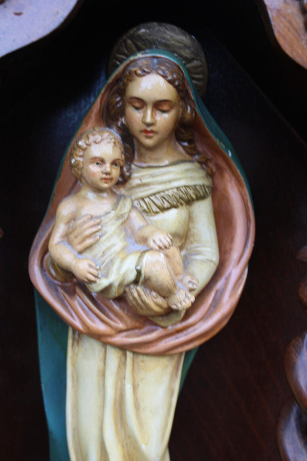 Antique Wood carved chapel ceramic madonna figurine statue signed guelfi