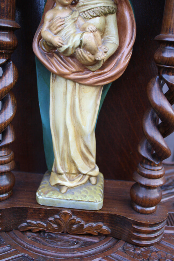 Antique Wood carved chapel ceramic madonna figurine statue signed guelfi