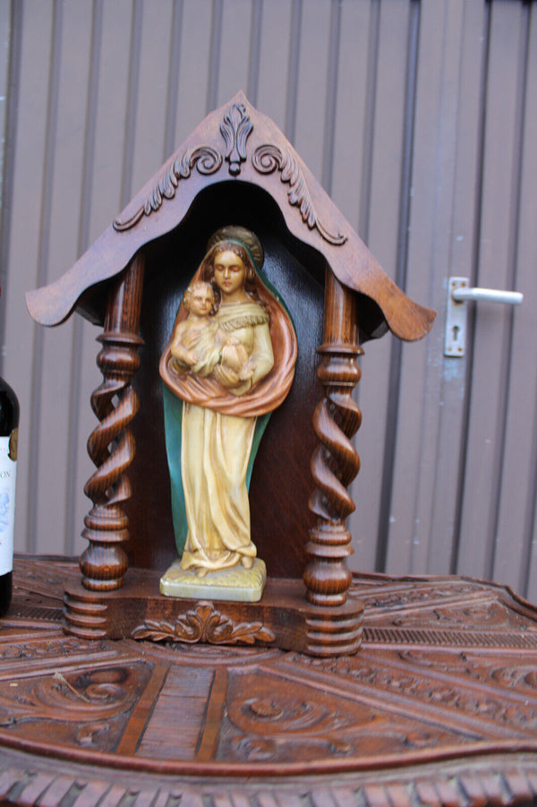 Antique Wood carved chapel ceramic madonna figurine statue signed guelfi