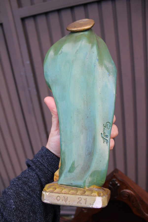 Antique Wood carved chapel ceramic madonna figurine statue signed guelfi