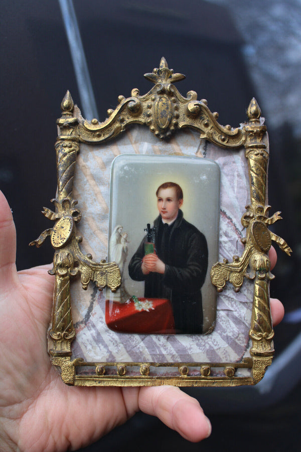 Antique Bronze religious frame with porcelain hand plaque gerardus majella