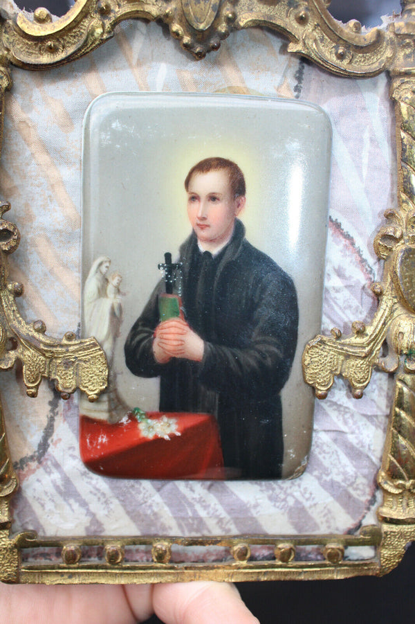 Antique Bronze religious frame with porcelain hand plaque gerardus majella