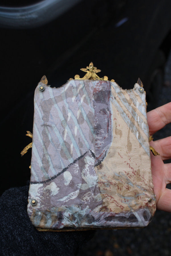 Antique Bronze religious frame with porcelain hand plaque gerardus majella