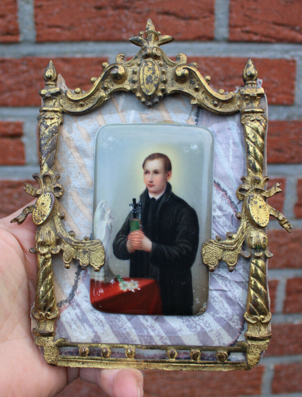 Antique Bronze religious frame with porcelain hand plaque gerardus majella