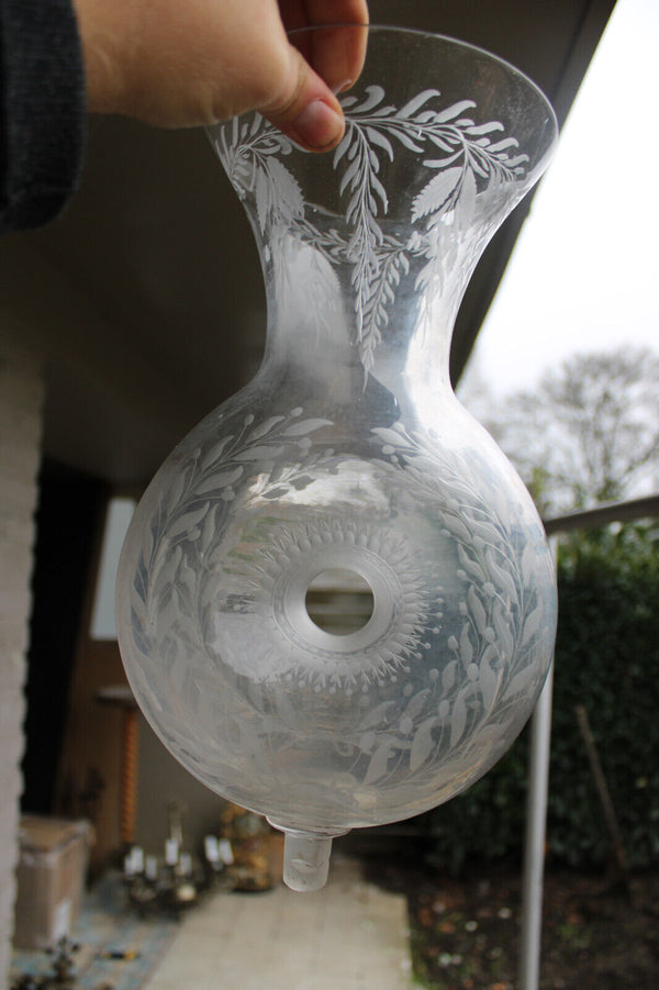 RAre antique black forest wood carved frame pelgrim glass etched vase 19thc