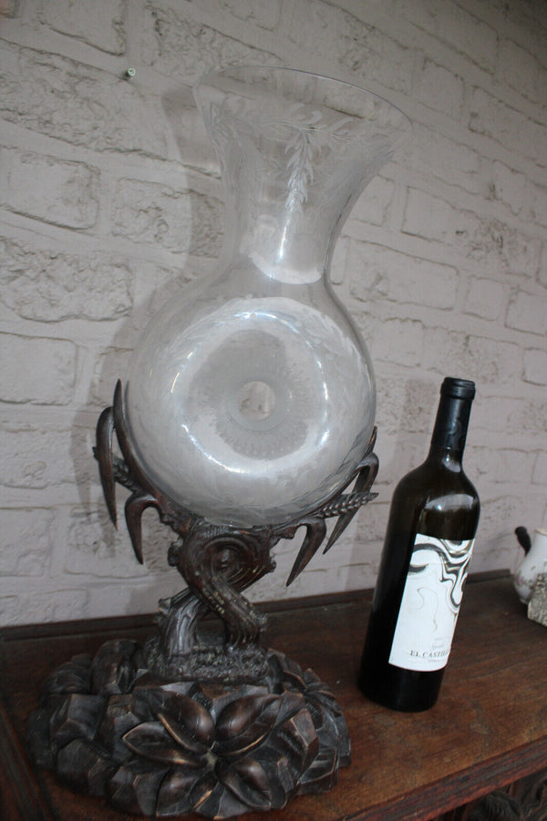 RAre antique black forest wood carved frame pelgrim glass etched vase 19thc