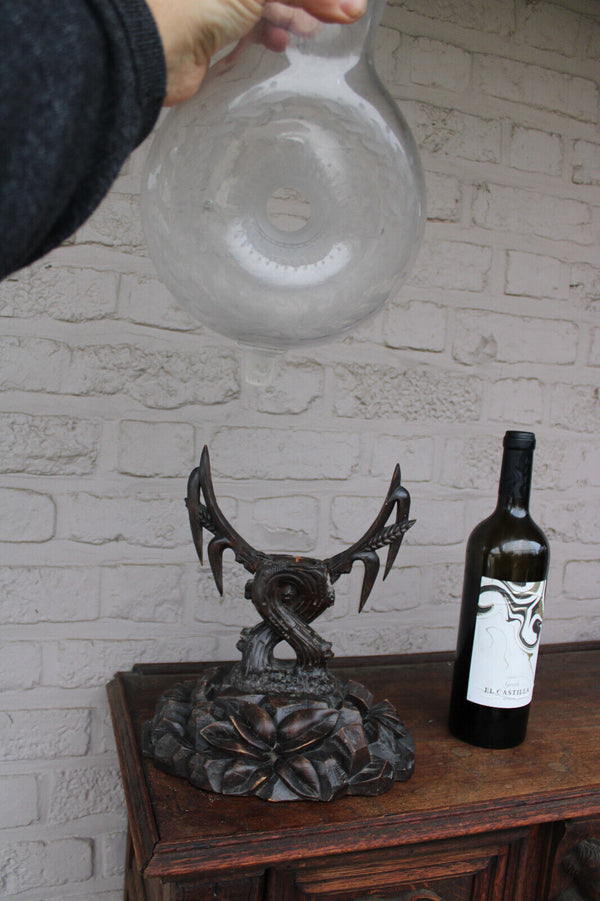 RAre antique black forest wood carved frame pelgrim glass etched vase 19thc