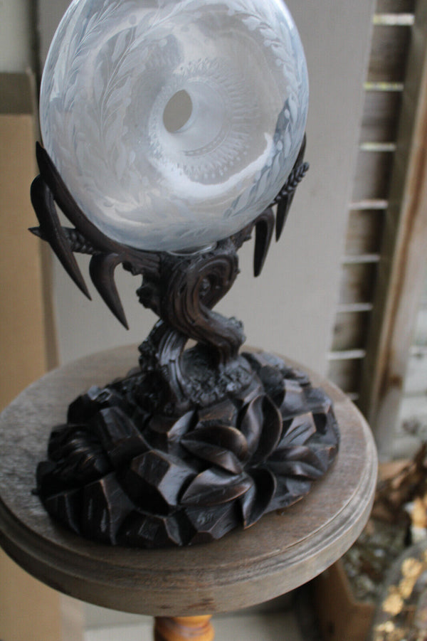 RAre antique black forest wood carved frame pelgrim glass etched vase 19thc