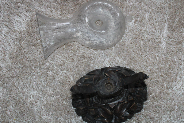 RAre antique black forest wood carved frame pelgrim glass etched vase 19thc