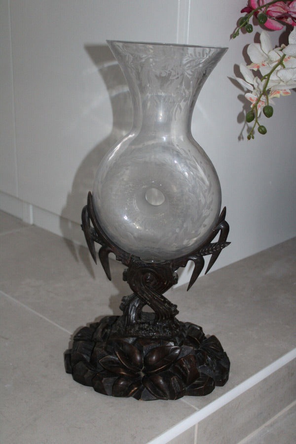 RAre antique black forest wood carved frame pelgrim glass etched vase 19thc