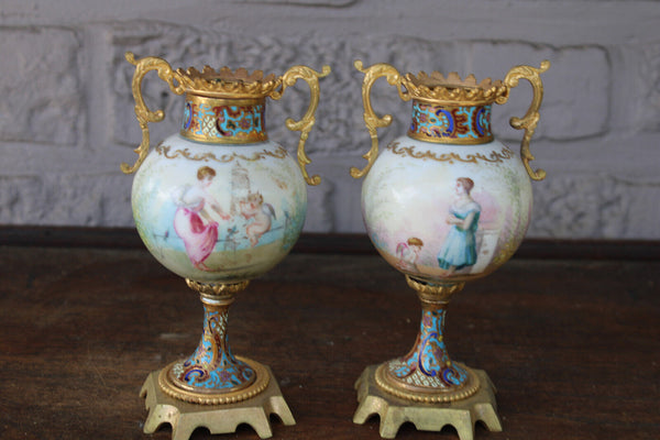 PAIR antique 19thc Sevres porcelain cloisonne enamel miniature vases cherub