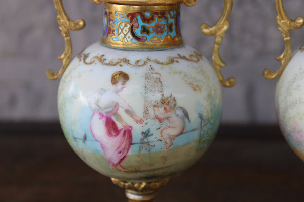 PAIR antique 19thc Sevres porcelain cloisonne enamel miniature vases cherub