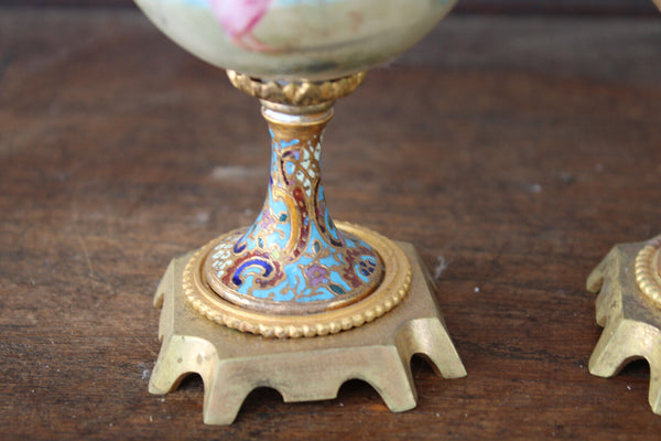 PAIR antique 19thc Sevres porcelain cloisonne enamel miniature vases cherub