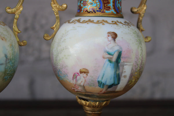PAIR antique 19thc Sevres porcelain cloisonne enamel miniature vases cherub