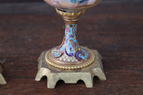 PAIR antique 19thc Sevres porcelain cloisonne enamel miniature vases cherub
